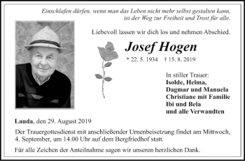 Traueranzeige von Josef Hogen von Fränkische Nachrichten