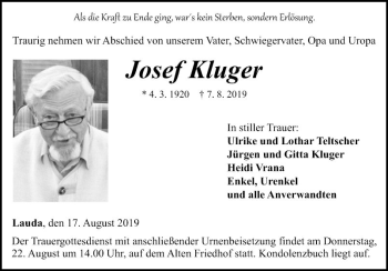 Traueranzeige von Josef Kluger von Fränkische Nachrichten