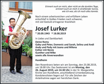 Traueranzeige von Josef Lurker von Fränkische Nachrichten