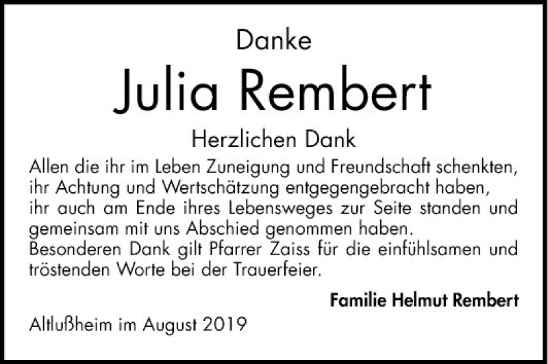 Traueranzeigen von Julia Rembert | Trauerportal Ihrer Tageszeitung