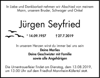 Traueranzeige von Jürgen Seyfried von Mannheimer Morgen