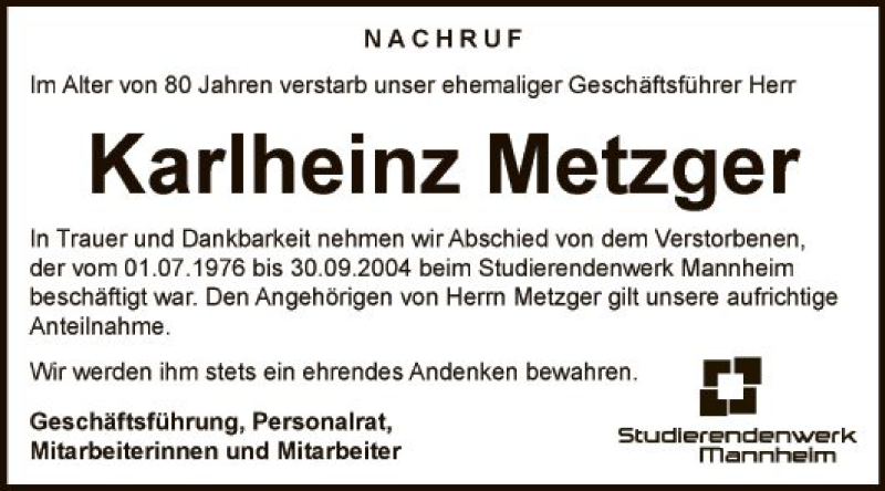  Traueranzeige für Karlheinz Metzger vom 03.08.2019 aus Mannheimer Morgen