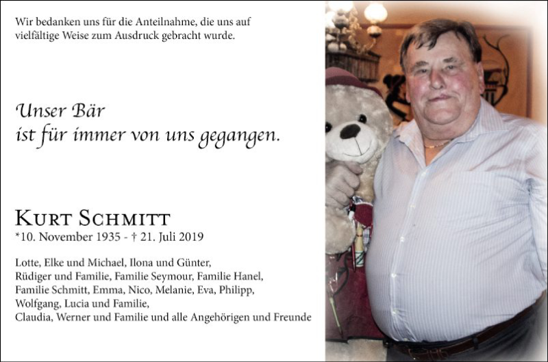  Traueranzeige für Kurt Schmitt vom 10.08.2019 aus Mannheimer Morgen