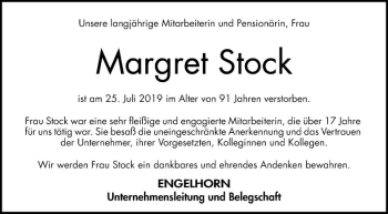 Traueranzeige von Margret Stock von Mannheimer Morgen