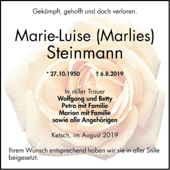 Traueranzeige von Marie-Luise Steinmann von Schwetzinger Zeitung