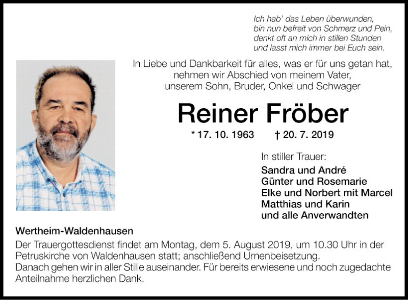  Traueranzeige für Reiner Fröber vom 02.08.2019 aus Fränkische Nachrichten
