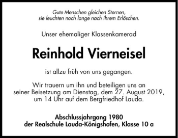 Traueranzeige von Reinhold Vierneisel von Fränkische Nachrichten