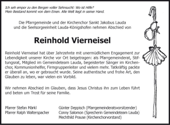 Traueranzeige von Reinhold Vierneisel von Fränkische Nachrichten