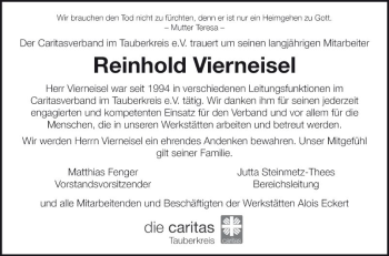 Traueranzeige von Reinhold Vierneisel von Fränkische Nachrichten