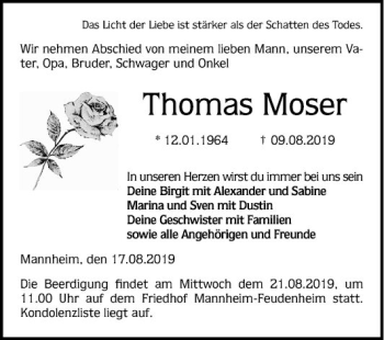 Traueranzeige von Thomas Moser von Mannheimer Morgen