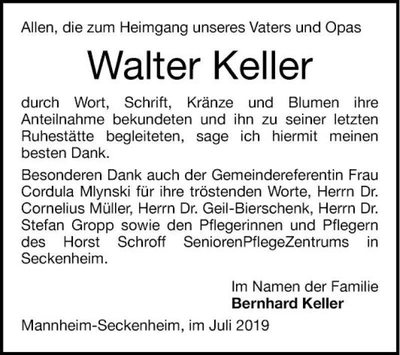 Traueranzeige für Walter Keller vom 03.08.2019 aus Mannheimer Morgen