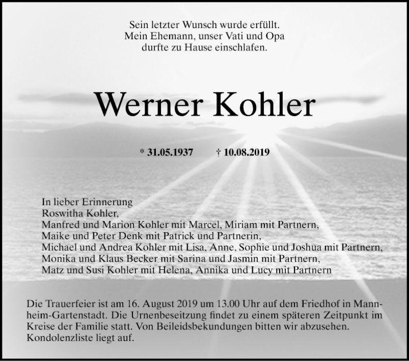  Traueranzeige für Werner Kohler vom 14.08.2019 aus Mannheimer Morgen