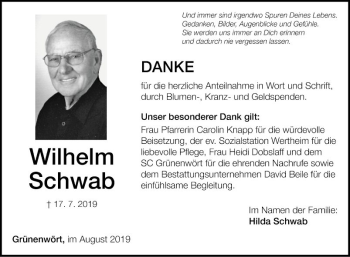 Traueranzeige von Wilhelm Schwab von Fränkische Nachrichten
