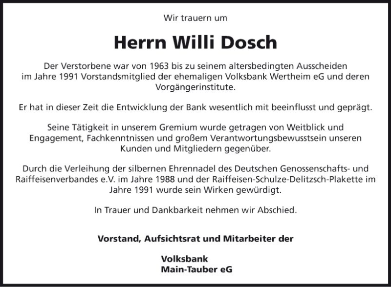  Traueranzeige für Willi Dosch vom 20.08.2019 aus Fränkische Nachrichten