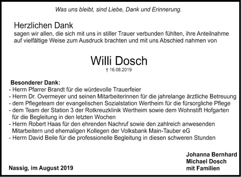  Traueranzeige für Willi Dosch vom 24.08.2019 aus Fränkische Nachrichten