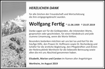 Traueranzeige von Wolfgang Fertig von Fränkische Nachrichten