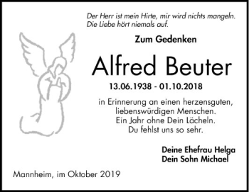 Traueranzeige von Alfred Beuter von Mannheimer Morgen