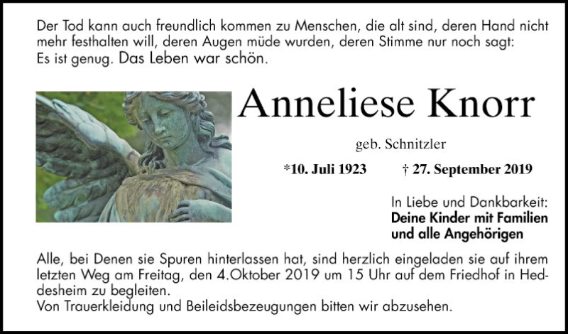  Traueranzeige für Anneliese Knorr vom 01.10.2019 aus Mannheimer Morgen