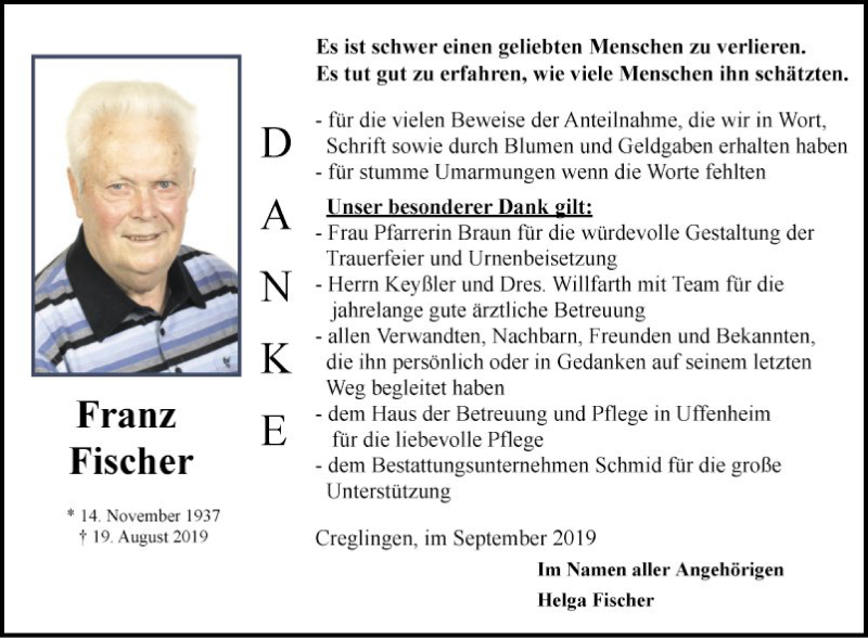  Traueranzeige für Franz Fischer vom 14.09.2019 aus 