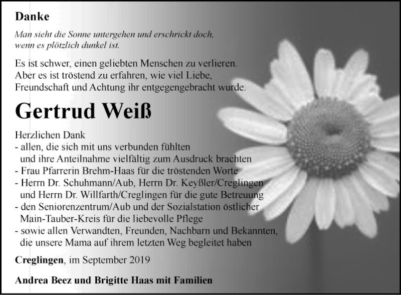  Traueranzeige für Gertrud Weiß vom 28.09.2019 aus Fränkische Nachrichten