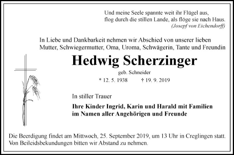  Traueranzeige für Hedwig Scherzinger vom 23.09.2019 aus Fränkische Nachrichten