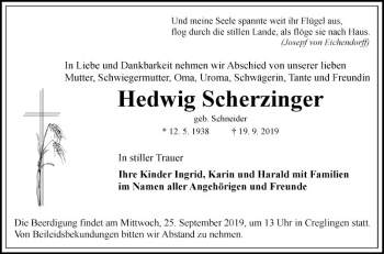 Traueranzeige von Hedwig Scherzinger von Fränkische Nachrichten