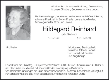 Traueranzeige von Hildegard Reinhard von Fränkische Nachrichten