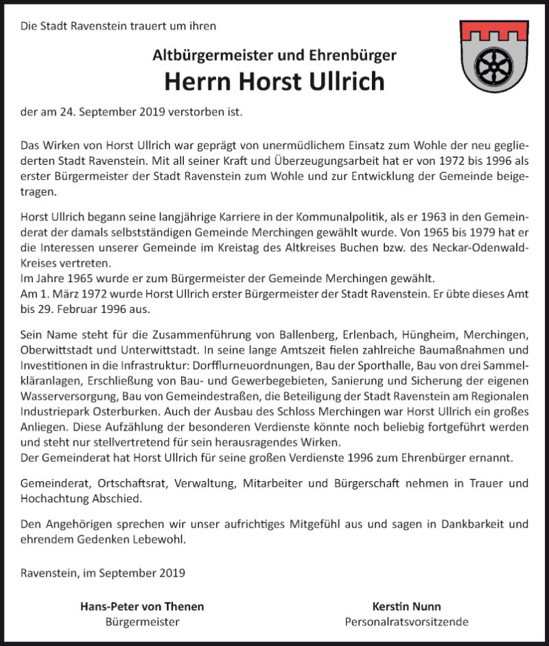  Traueranzeige für Horst Ullrich vom 26.09.2019 aus Fränkische Nachrichten