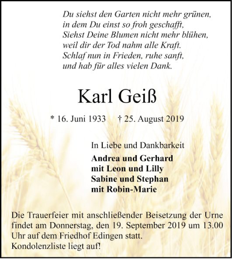  Traueranzeige für Karl Geiß vom 14.09.2019 aus 