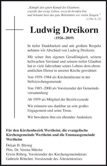 Traueranzeige von Ludwig Dreikorn von Fränkische Nachrichten