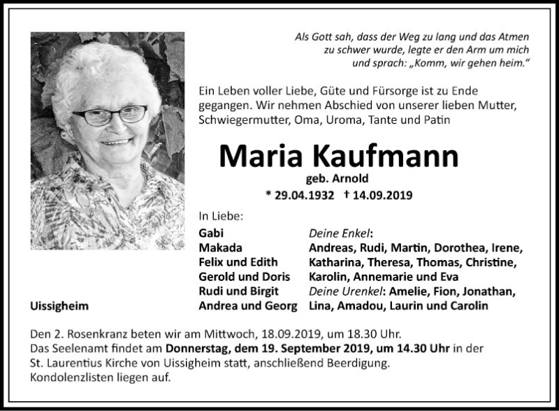  Traueranzeige für Maria Kaufmann vom 17.09.2019 aus Fränkische Nachrichten