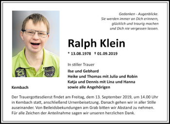 Traueranzeige von Ralph Klein von Fränkische Nachrichten