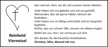 Traueranzeige von Reinhold Vierneisel von Fränkische Nachrichten