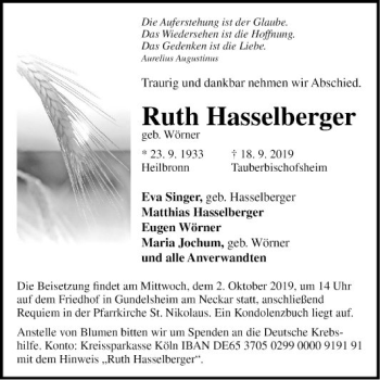 Traueranzeige von Ruth Hasselberger von Fränkische Nachrichten