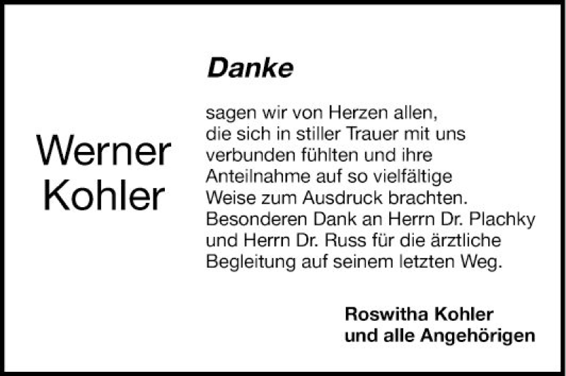  Traueranzeige für Werner Kohler vom 14.09.2019 aus 