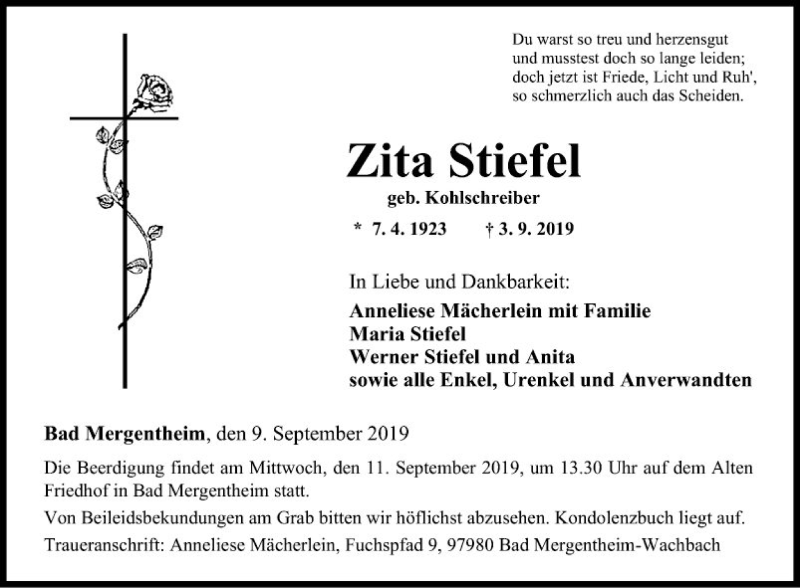  Traueranzeige für Zita Stiefel vom 09.09.2019 aus Fränkische Nachrichten