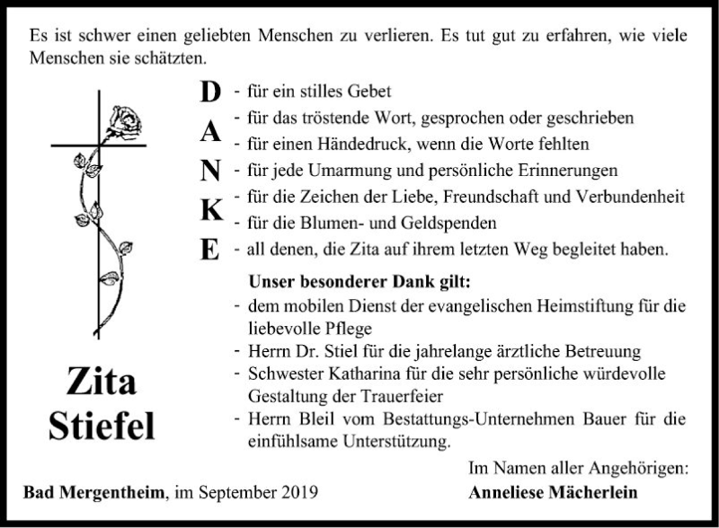  Traueranzeige für Zita Stiefel vom 19.09.2019 aus Fränkische Nachrichten