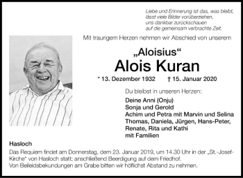 Traueranzeige von Alois Kuran von Fränkische Nachrichten