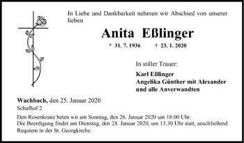 Traueranzeige von Anita Eßlinger von Fränkische Nachrichten