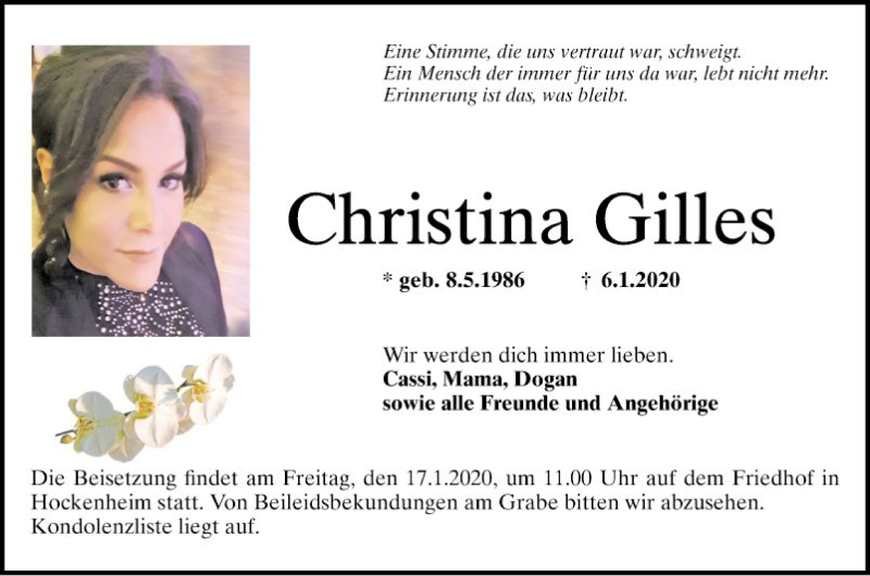  Traueranzeige für Christina Gilles vom 14.01.2020 aus Schwetzinger Zeitung