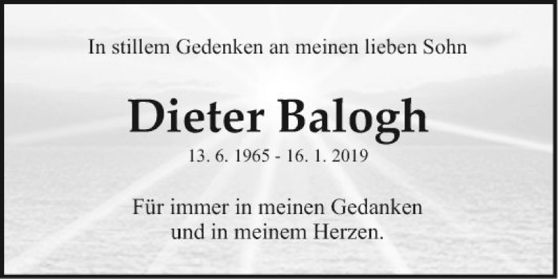  Traueranzeige für Dieter Balogh vom 16.01.2020 aus Fränkische Nachrichten