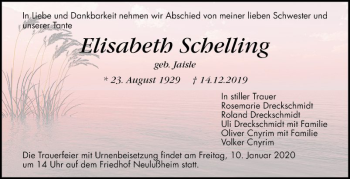 Traueranzeige von Elisabeth Schelling von Schwetzinger Zeitung