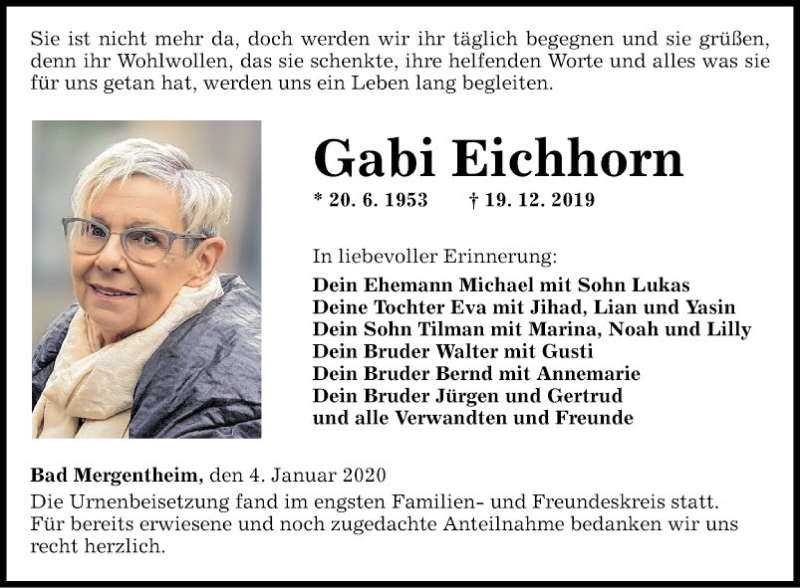  Traueranzeige für Gabi Eichhorn vom 04.01.2020 aus Fränkische Nachrichten