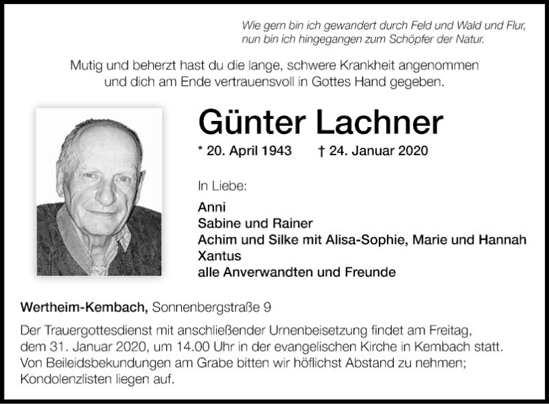  Traueranzeige für Günter Lachner vom 28.01.2020 aus Fränkische Nachrichten