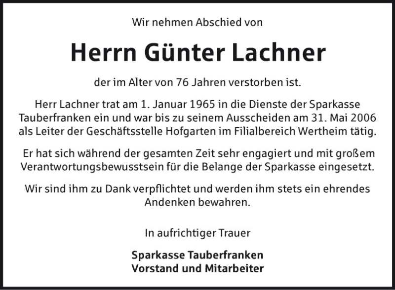  Traueranzeige für Günter Lachner vom 29.01.2020 aus Fränkische Nachrichten