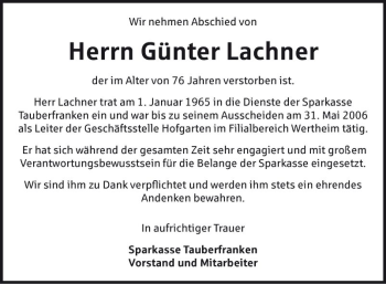 Traueranzeige von Günter Lachner von Fränkische Nachrichten