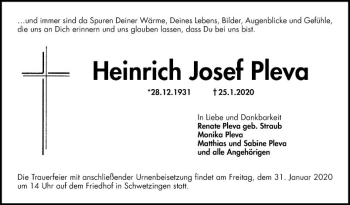 Traueranzeige von Heinrich Josef Pleva von Schwetzinger Zeitung