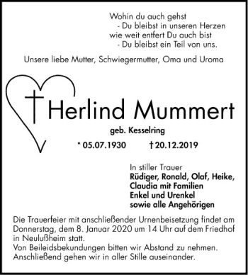 Traueranzeige von Herlind Mummert von Schwetzinger Zeitung