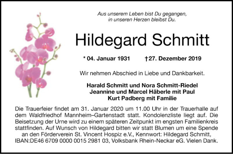  Traueranzeige für Hildegard Schmitt vom 25.01.2020 aus Mannheimer Morgen