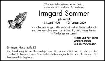 Traueranzeige von Irmgard Sommer von Bergsträßer Anzeiger